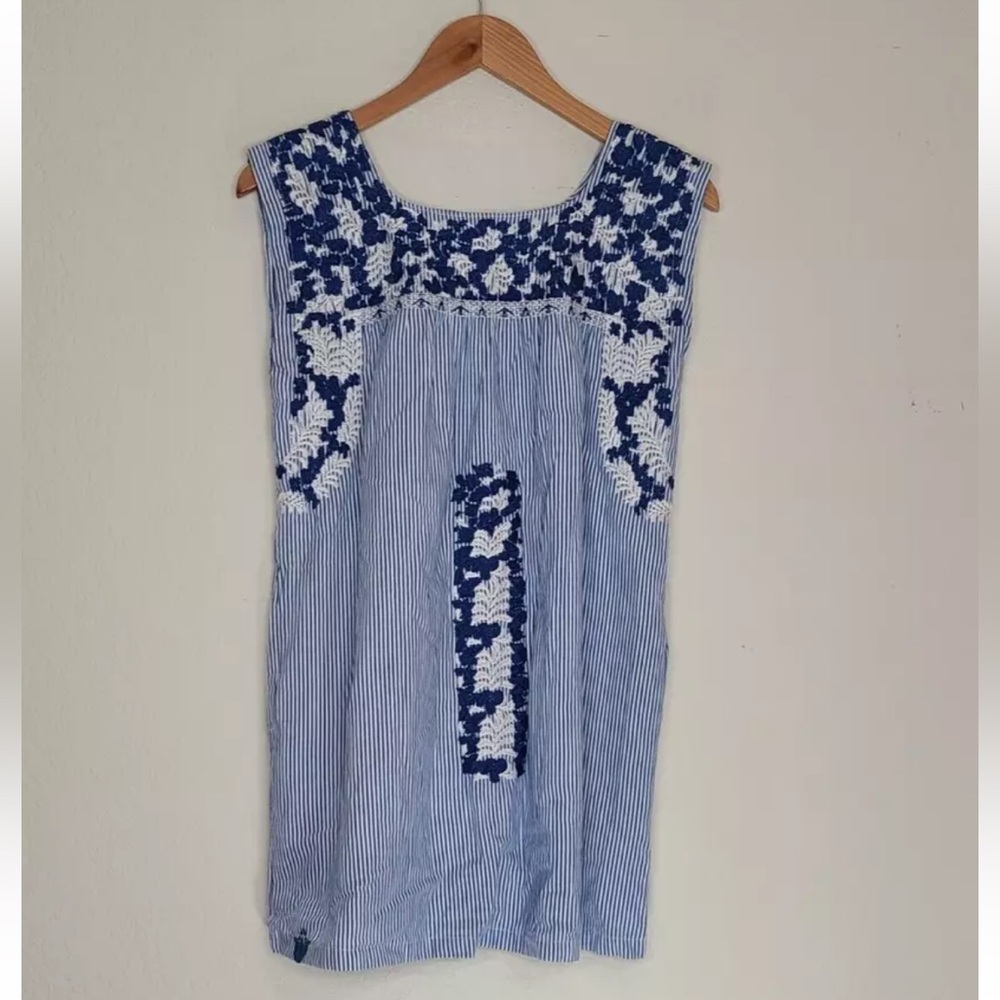 J Marie Blue White Stripe Embroidered Adeline Mini Dress Size XS Womens